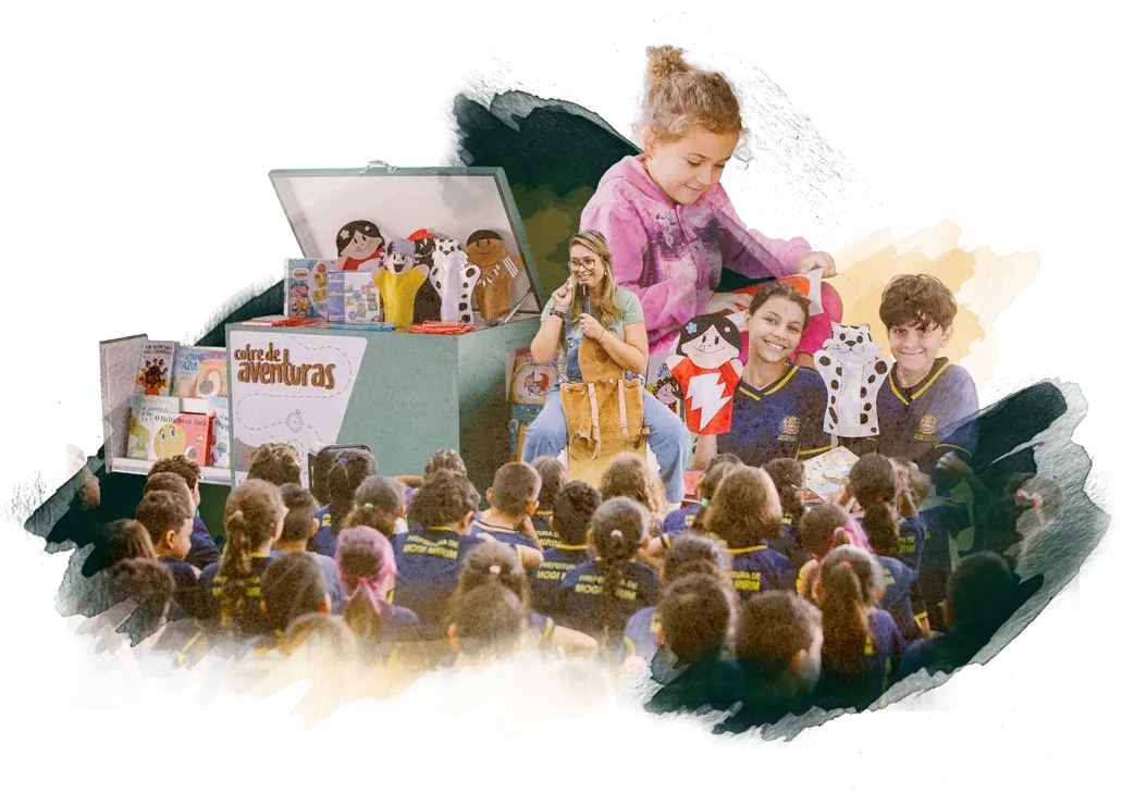 Registros do projeto Cofre de Aventuras com atividades de leitura e crianças participantes