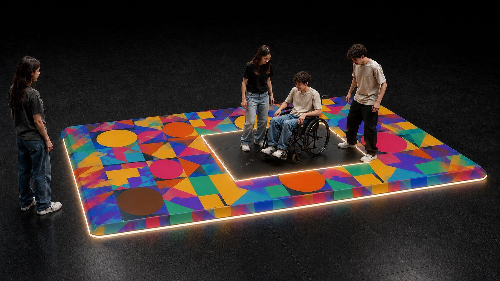 Visualização do palco do projeto, com piso geométrico colorido e participantes